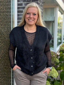 Vest Sleeveless Fuzzy Black | Red Button